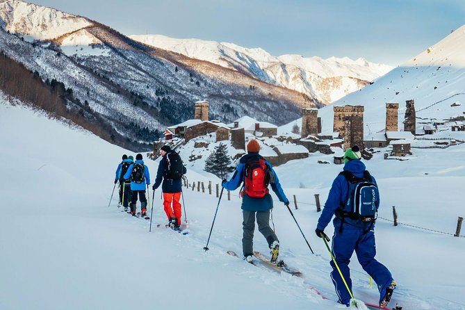 Skiing on a snowy mountain in Svaneti